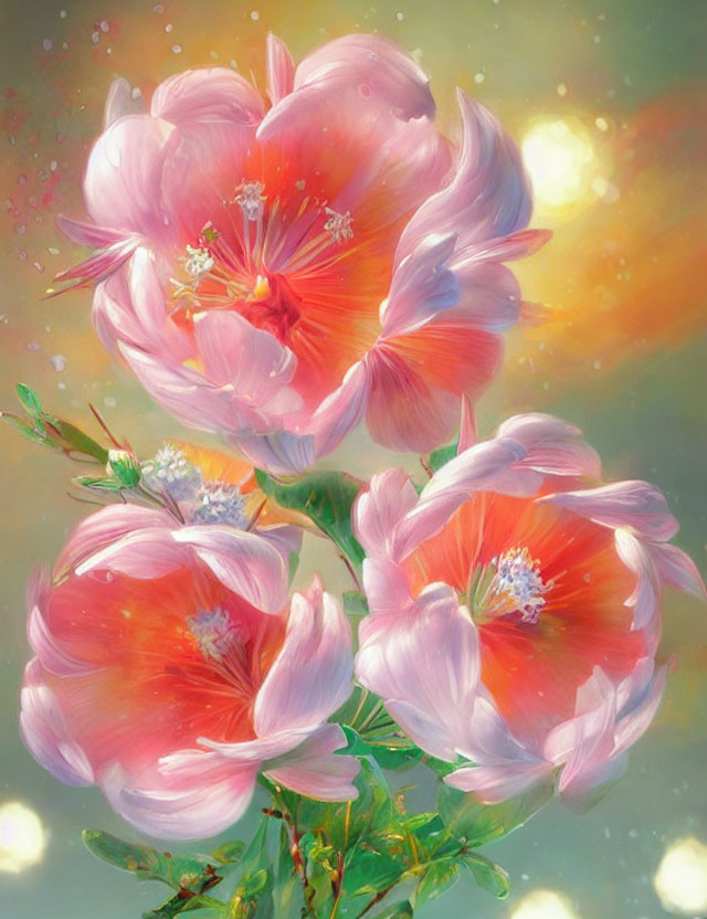 Pink Hibiscus Flowers in Dreamlike Digital Art