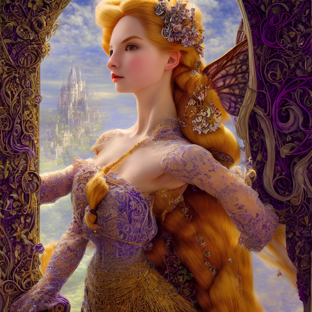 Digital art: Fairy-tale princess with golden hair in lavender dress gazes from castle window with orn