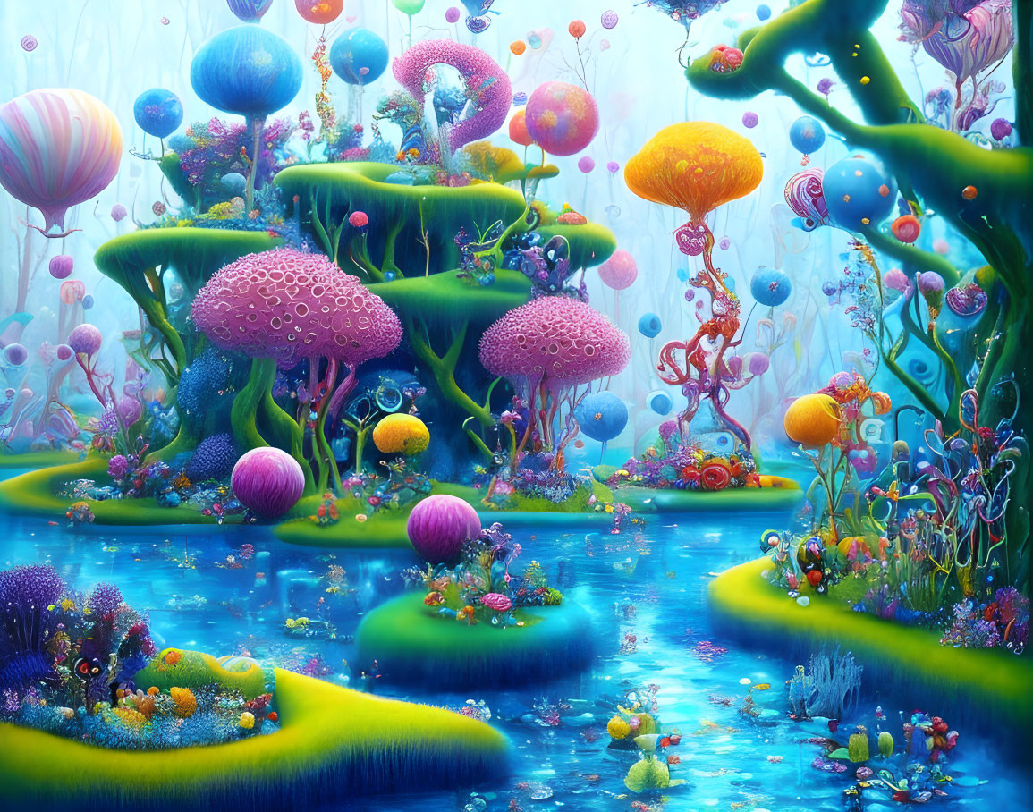 Colorful oversized mushroom landscape with underwater-like vibe