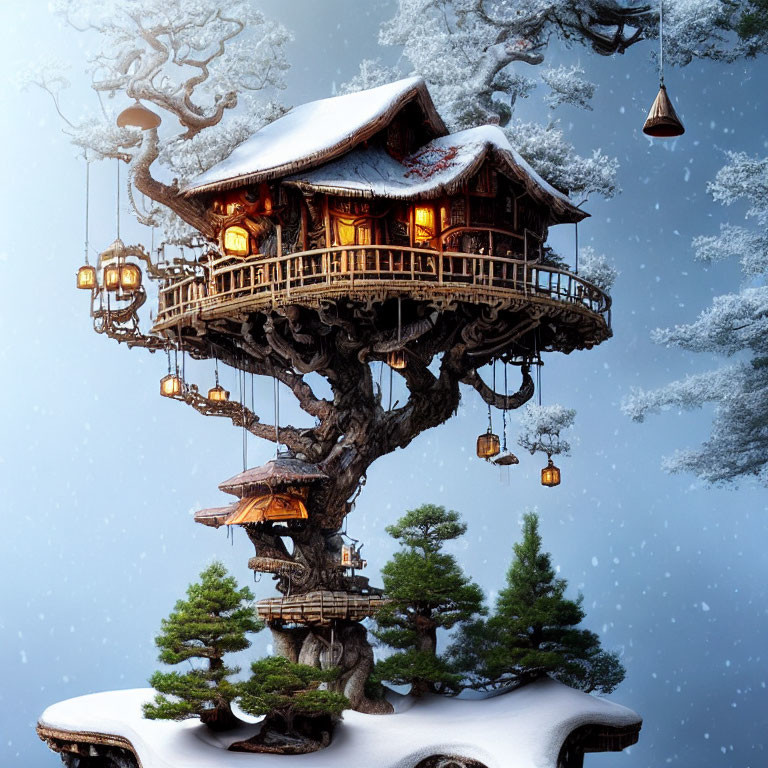 Snow-covered treehouse with warm lights and hanging lanterns in wintry sky