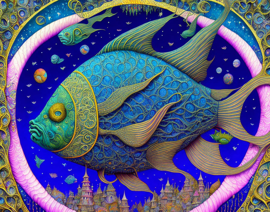 Colorful Illustration of Stylized Blue Fish in Cosmic Seascape