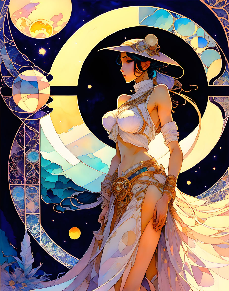 Illustrated mystical female character in hat and flowing attire against celestial backdrop.