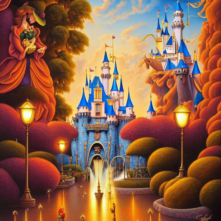 Colorful Twilight Fairy Tale Castle Illustration with Topiaries and Fountain