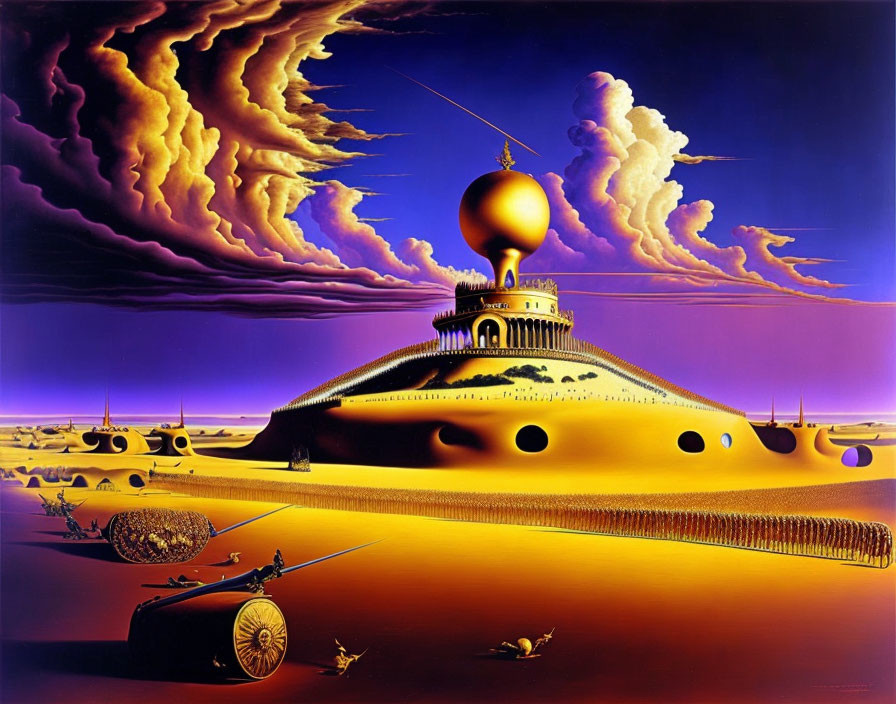 Surrealist landscape with golden sphere, swirling sky, chariots, and intricate desert shadows