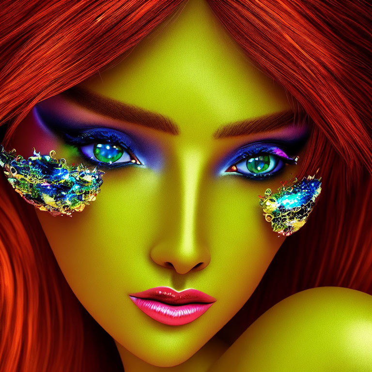 Colorful digital artwork: Woman with green eyes and intricate eye makeup on fiery red hair backdrop.