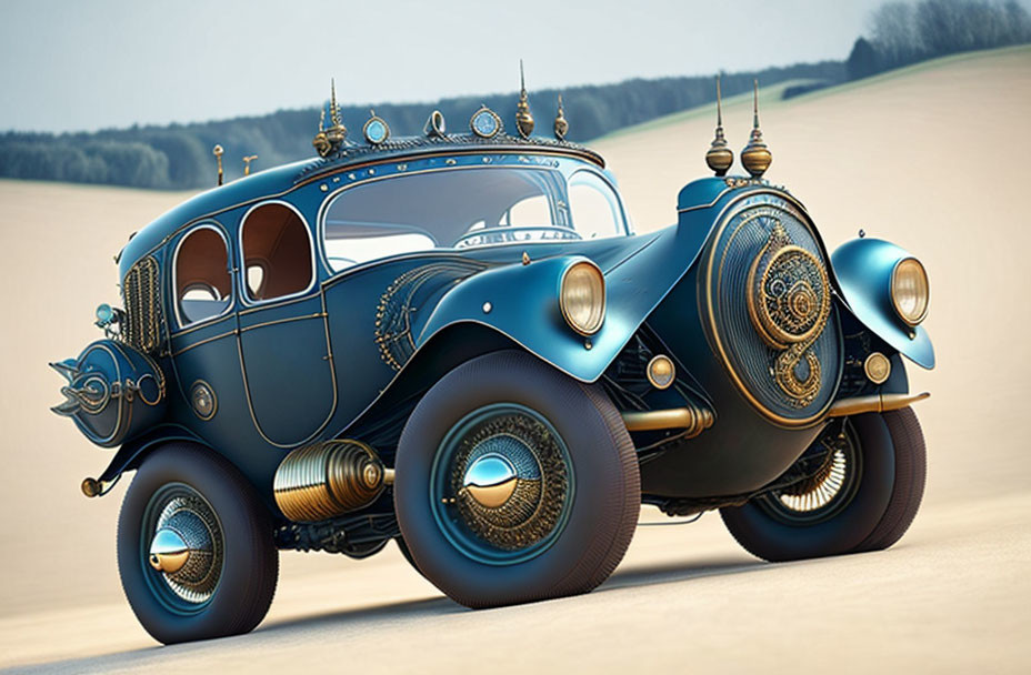 Intricate steampunk-themed car with brass accents on sandy backdrop