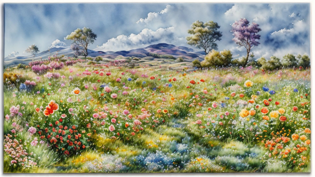 Scenic painting of flower-filled meadow and rolling hills