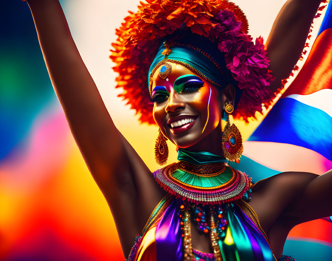 Colorful Carnival Dancer in Vibrant Costume and Makeup