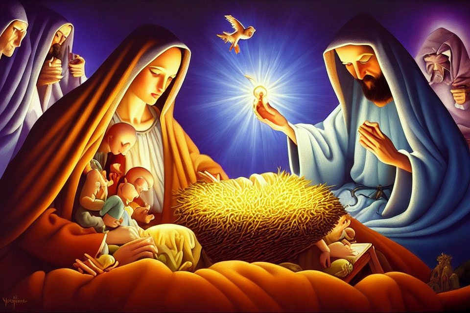 Illustration of Nativity scene with Mary, Joseph, Jesus, angels, and glowing light