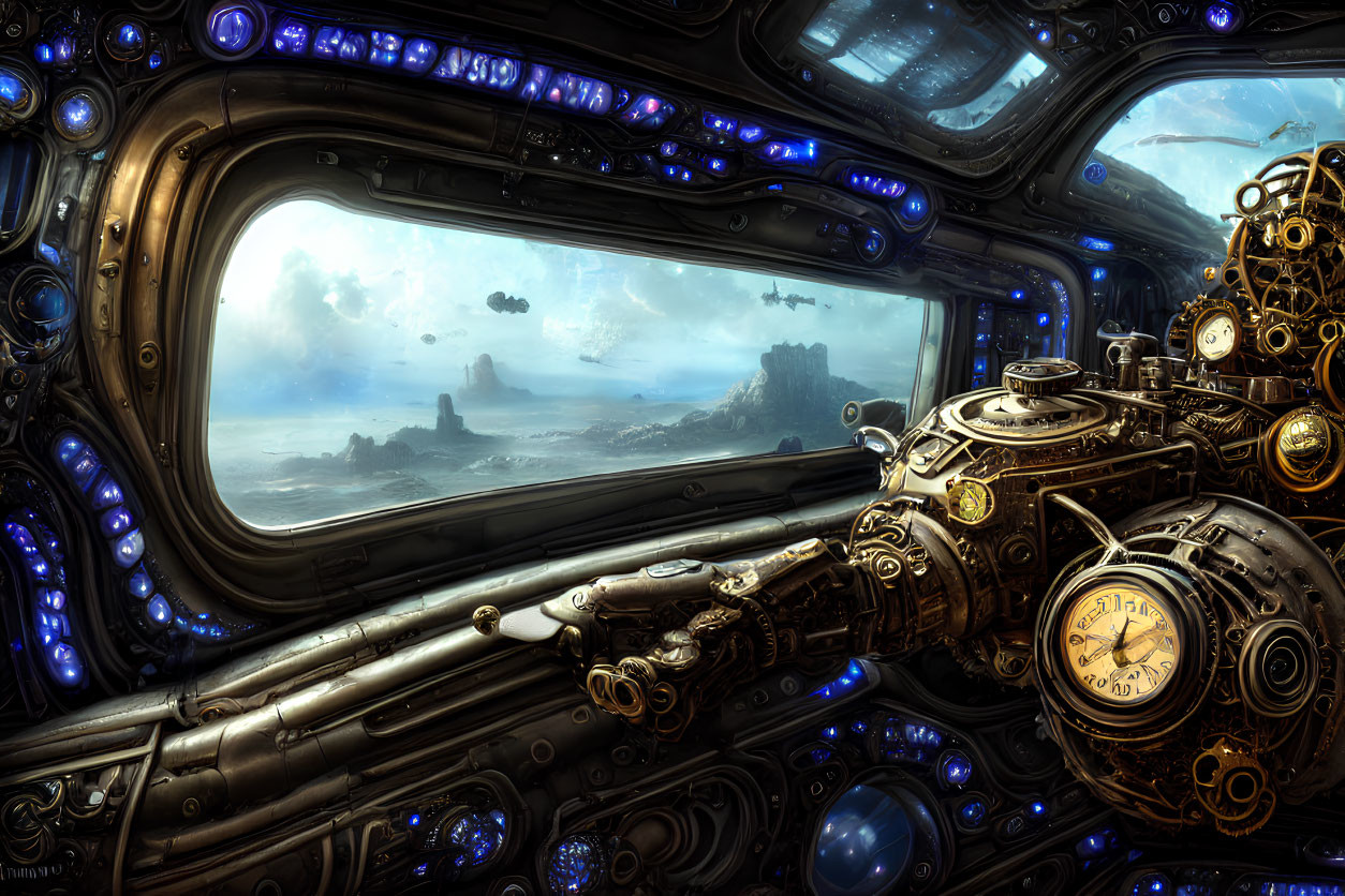 Steampunk-style interior with brass telescope and gadgets overlooking cloudy landscape through submarine-like window.