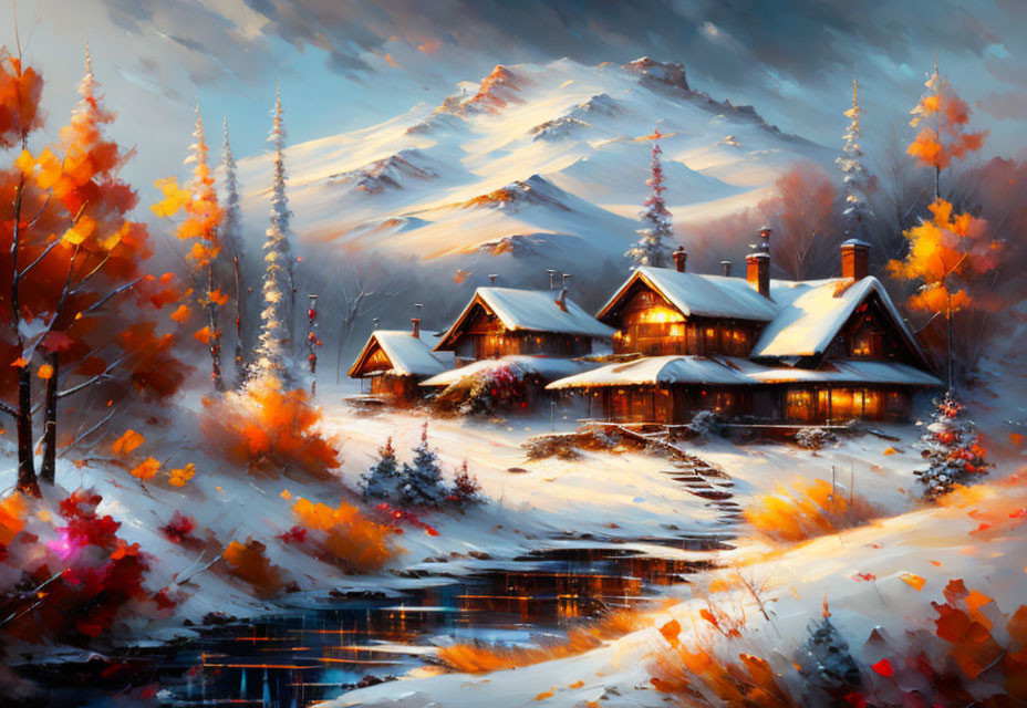 Autumn landscape: snow-covered cabins, orange trees, river, mountains