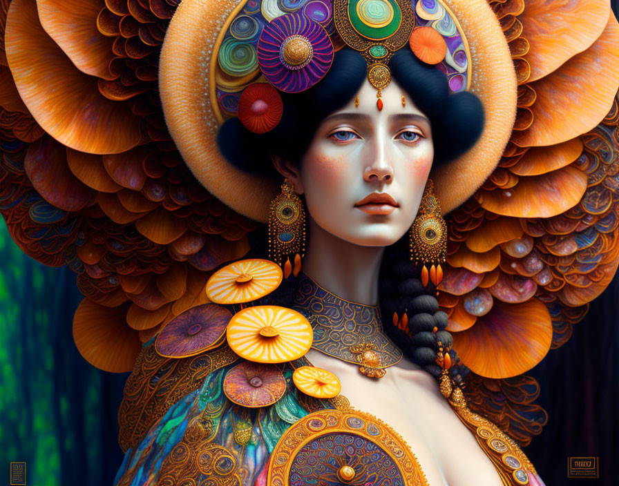 Detailed digital artwork of woman in ornate headdress with vibrant colors and gold jewelry