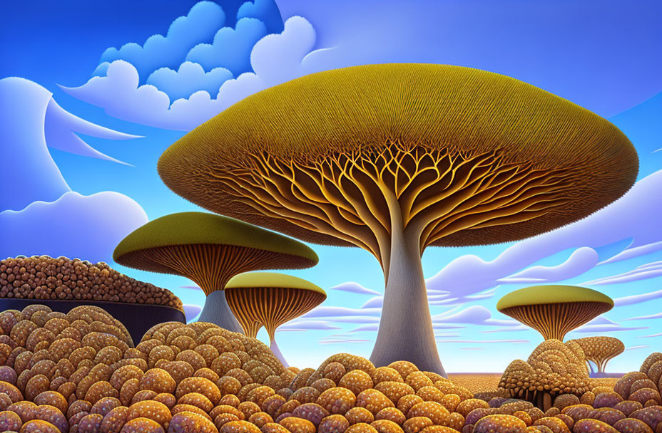 Fantastical landscape with oversized tree-like mushrooms and spherical elements under a blue sky