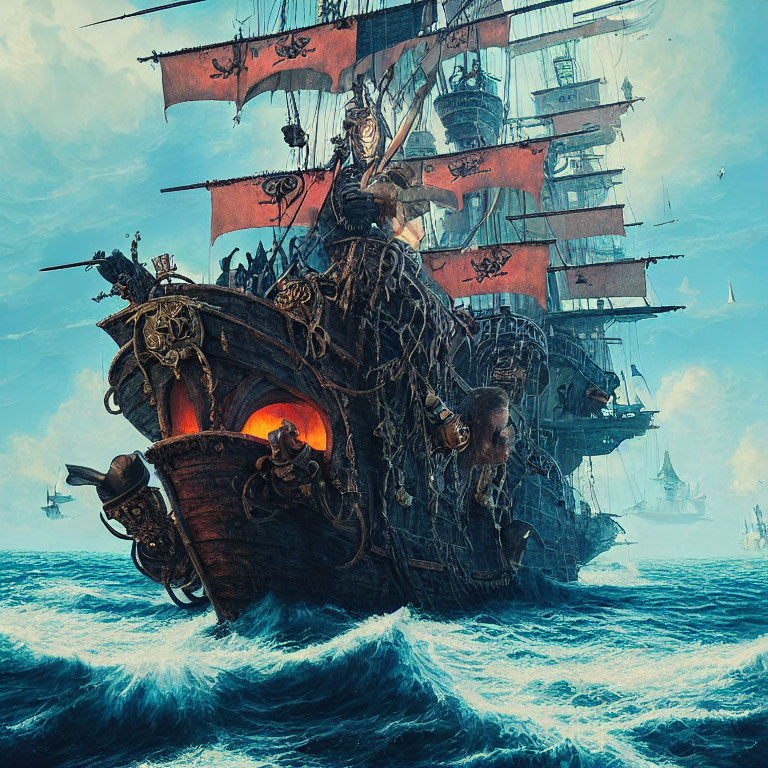 Fantastical pirate ship with black sails and ornate carvings at sea