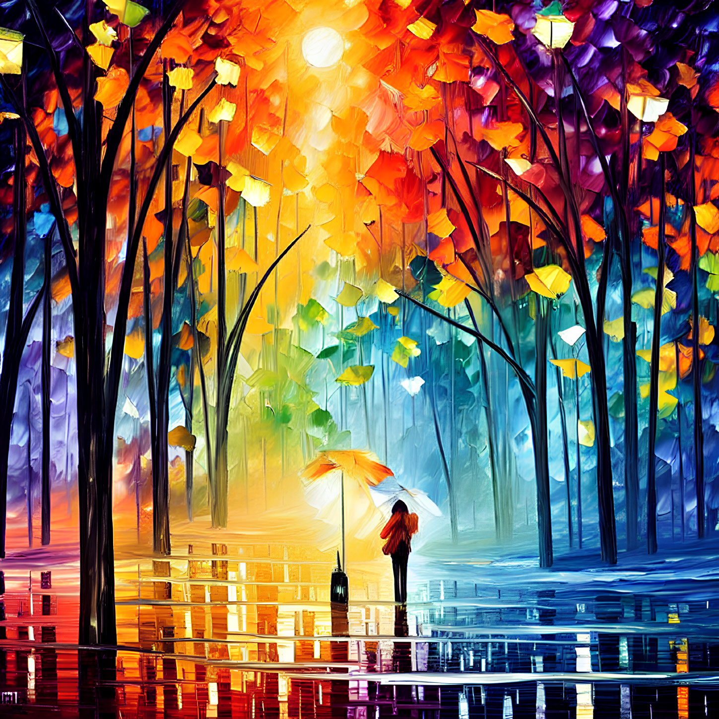 Colorful autumnal park painting: Person with umbrella walking in rain