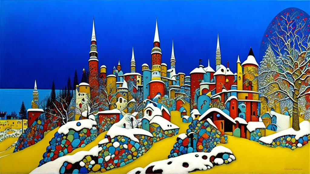 Vibrant stylized painting: fantastical city with spires in snowy landscape