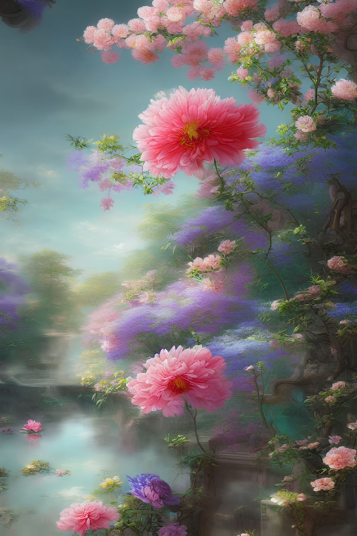 Vibrant Pink and Purple Fantasy Garden with Misty Pond