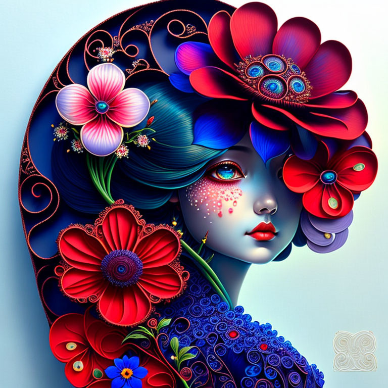 Vibrant Blue Skin Female Figure with Floral Patterns