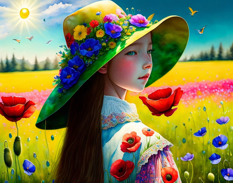 Young girl in flower-adorned hat in colorful flower field