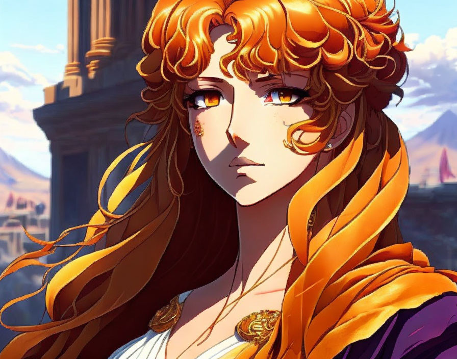 Person with fiery orange curls and amber eyes in classical setting