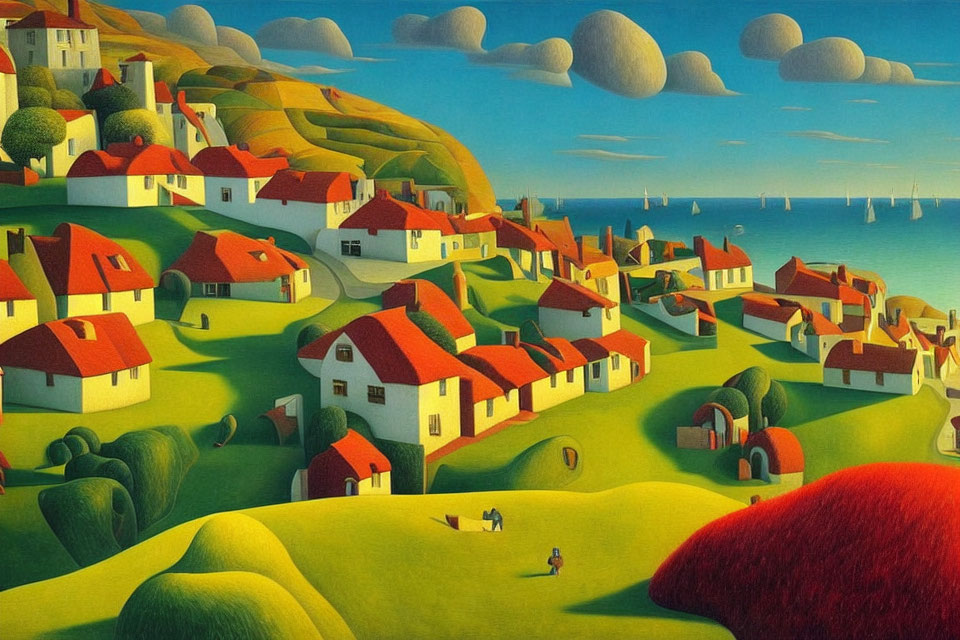 Stylized coastal village painting with rolling hills and red-roofed houses.