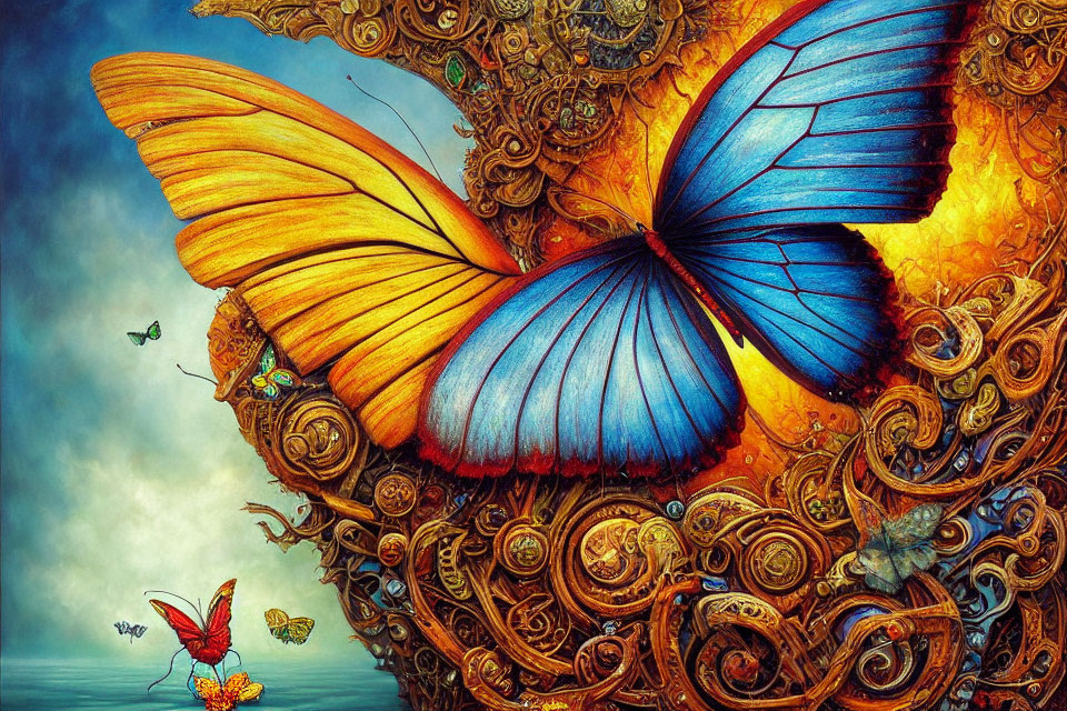 Colorful large butterfly artwork with intricate patterns and smaller butterflies in dreamy setting