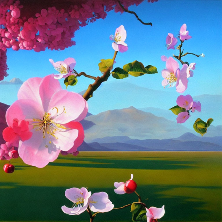 Colorful painting: Pink blossoms, green fields, blue mountains