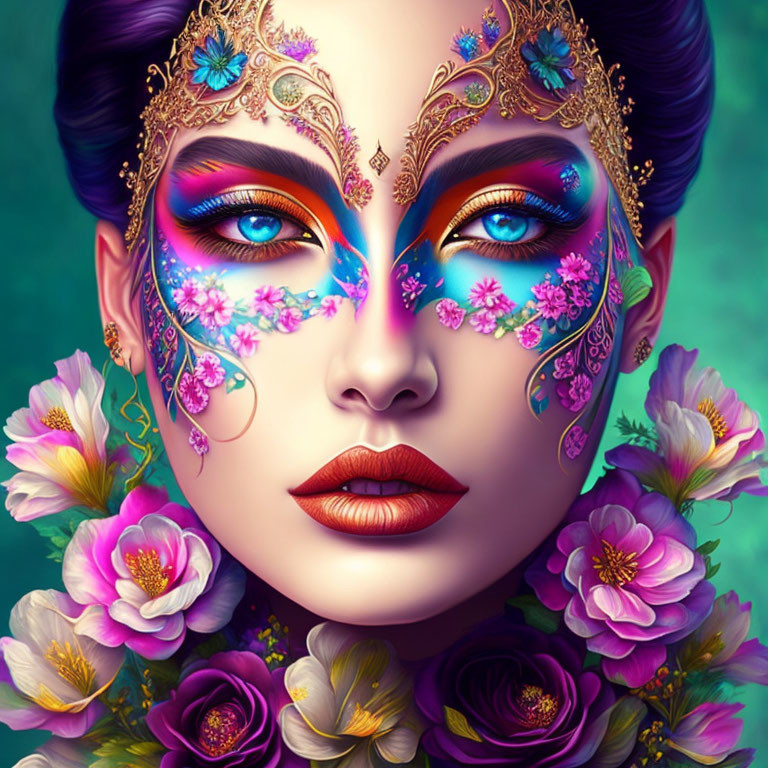 Digital illustration: Woman with vibrant makeup and floral decorations, blue eyes, gold head jewelry, purple flowers