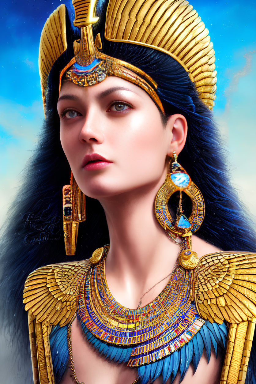 Digital portrait of woman as Egyptian pharaoh with headdress, necklace, and earrings against sky.