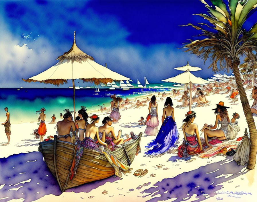 Vibrant beach scene with people in beachwear by wooden boat