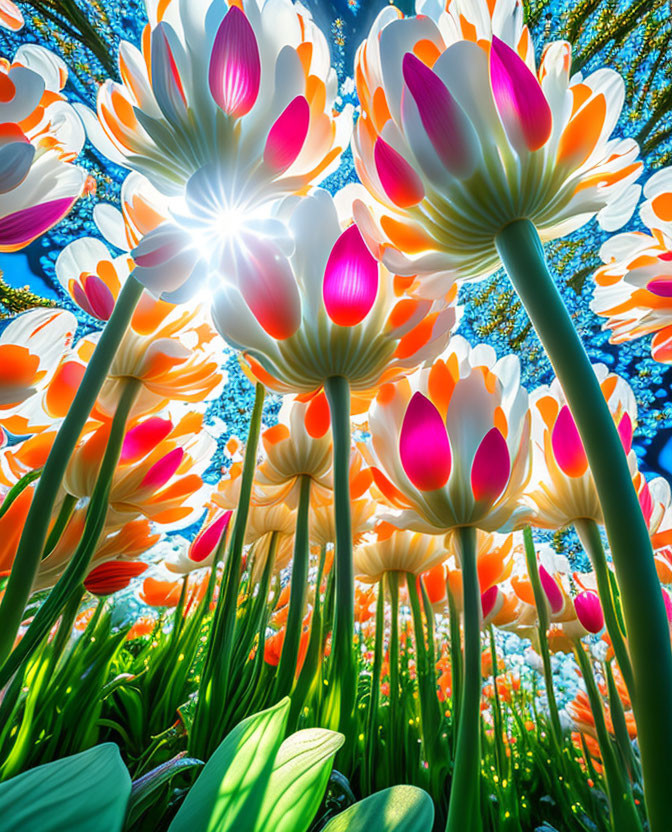 Colorful tulips under sunny sky with radiant petals.