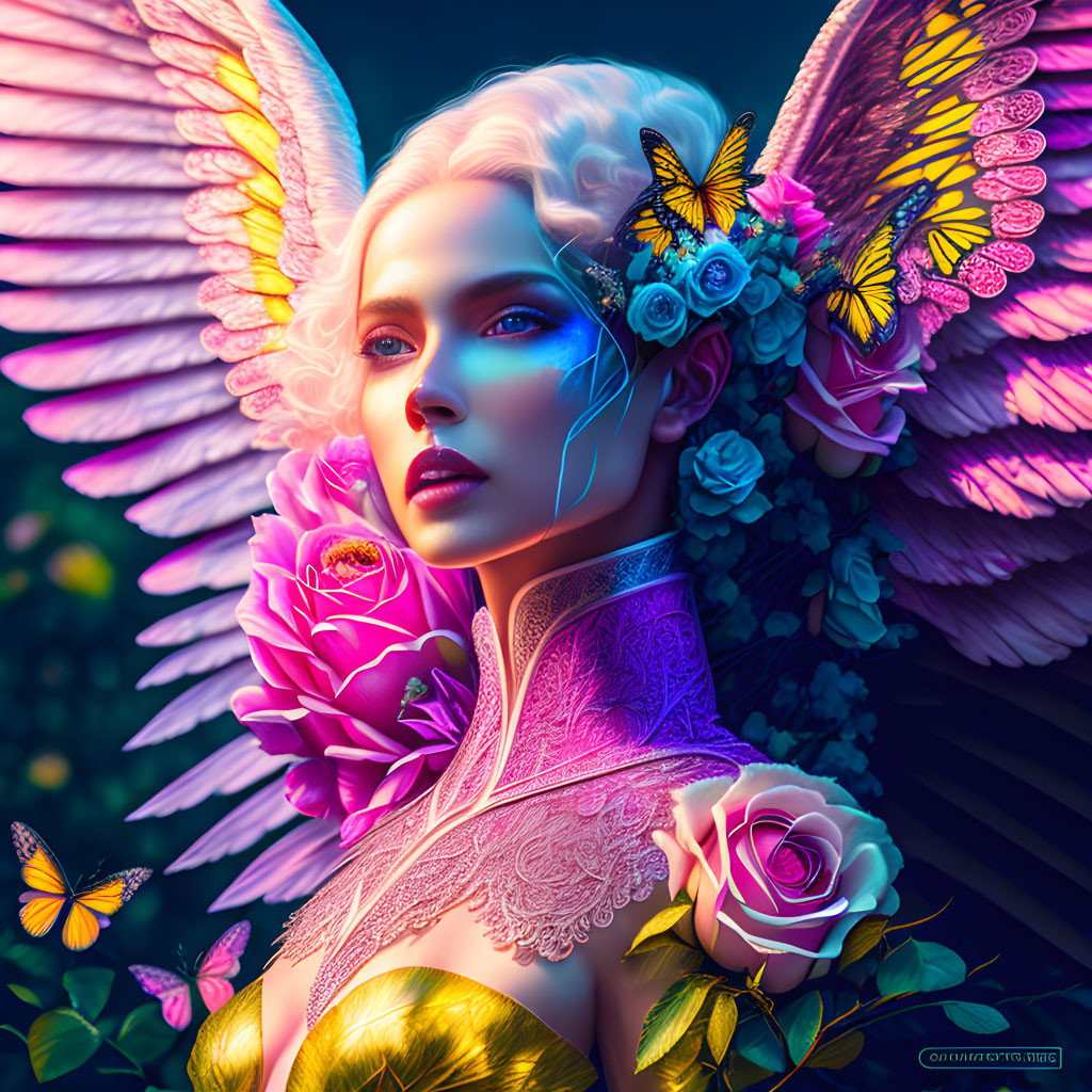 Vibrant female figure with ethereal wings, flowers, butterflies, and glow