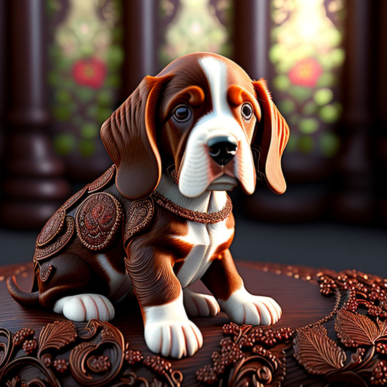 Stylized puppy with ornate patterns on intricate surface against floral backdrop