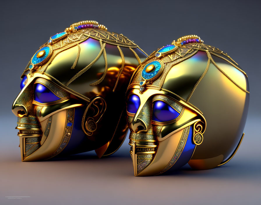 Ornate golden masks with blue gemstone accents on reflective surface