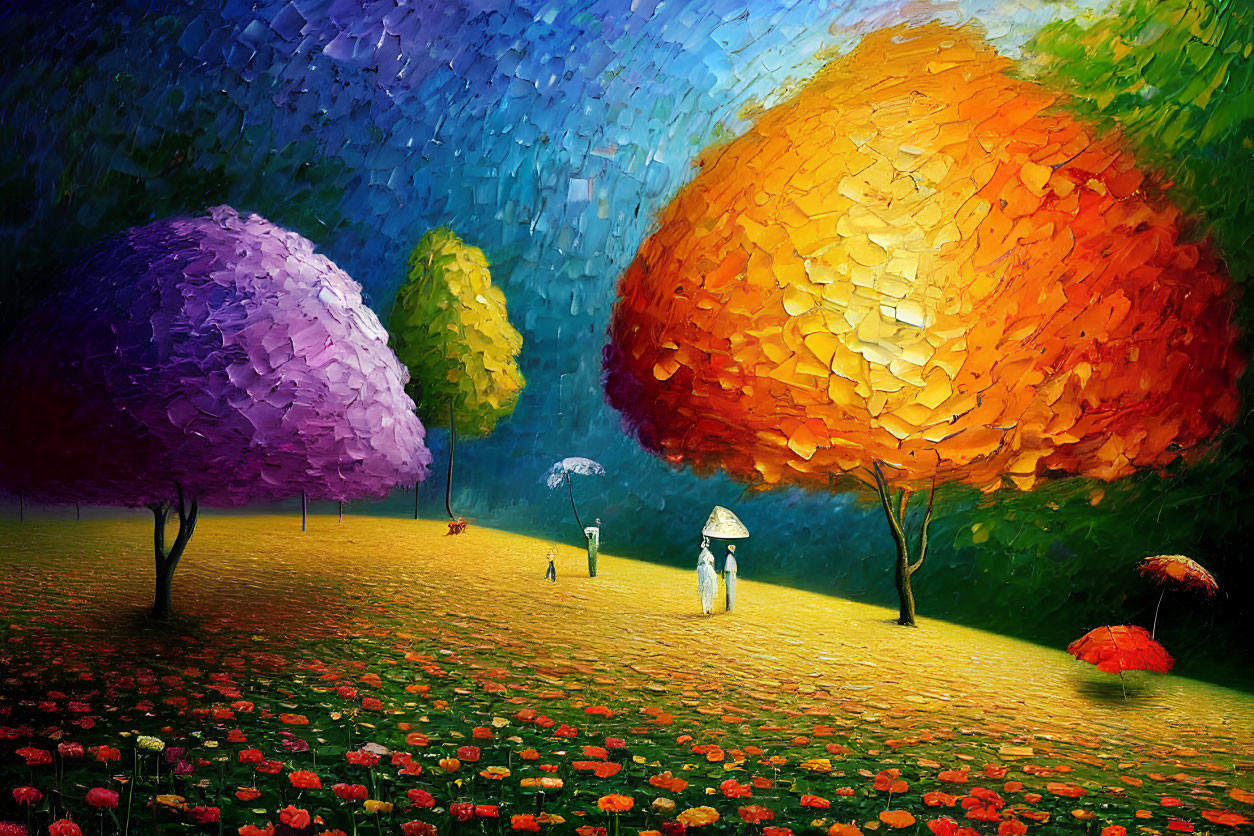 Vibrant impressionist park painting with colorful trees, people, and flower pathway.