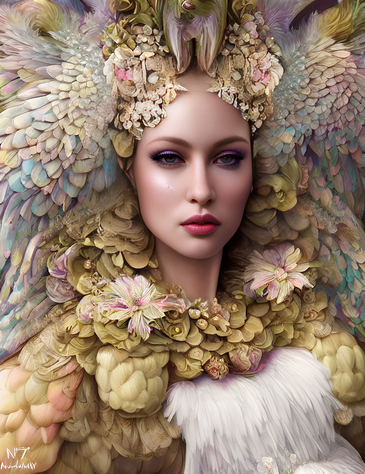 Portrait of woman with pastel feathers and floral accents embodying ethereal bird-like creature.