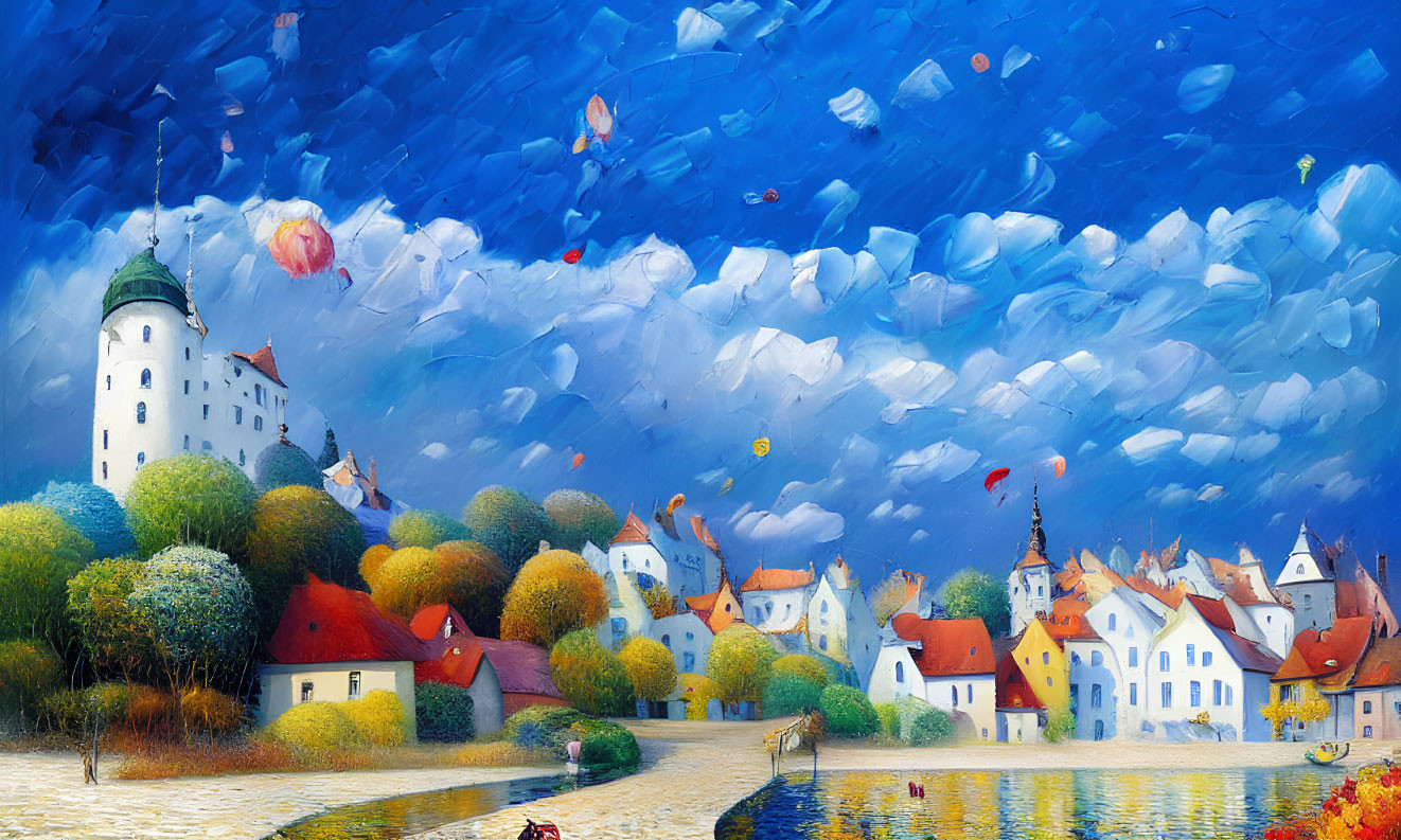 Colorful European Village Painting with Whimsical Sky & Jellyfish-like Forms