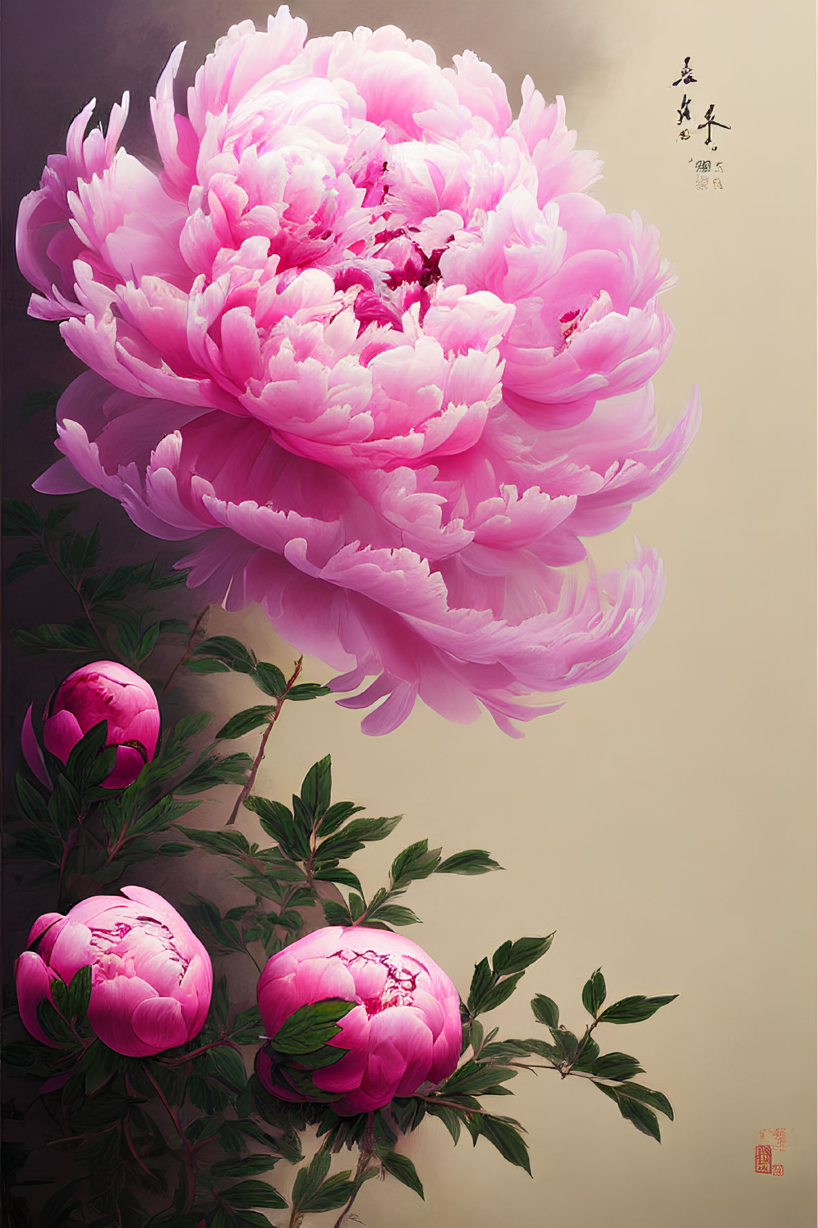 Detailed painting of large pink peony with Asian script