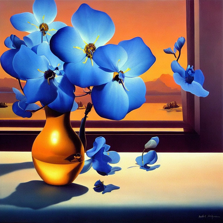 Vibrant blue flowers in golden vase with sunset sea backdrop.