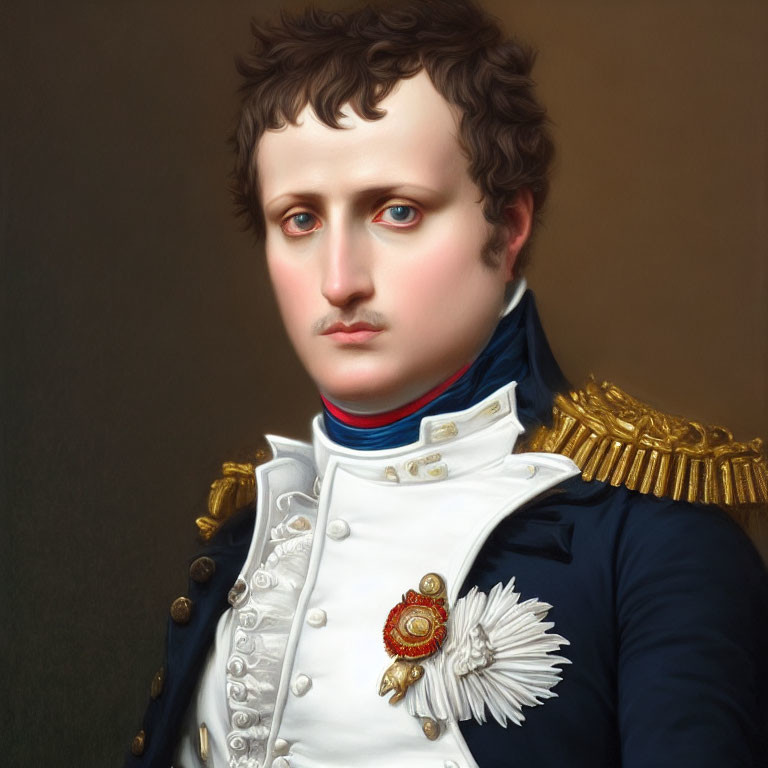 Portrait of man with fair skin, blue eyes, short curly hair, in white uniform with blue details