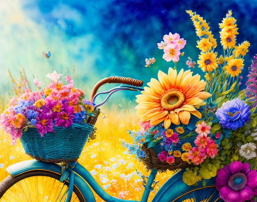 Colorful Blue Bicycle with Flower Baskets in Vibrant Sky