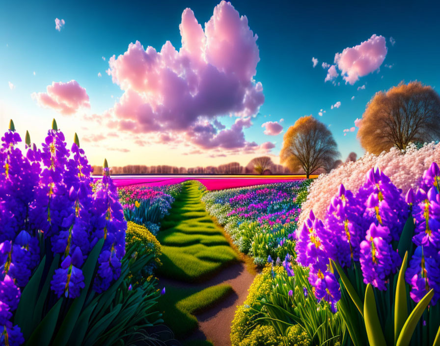 Colorful Flowers and Garden Path with Trees and Sunset Sky