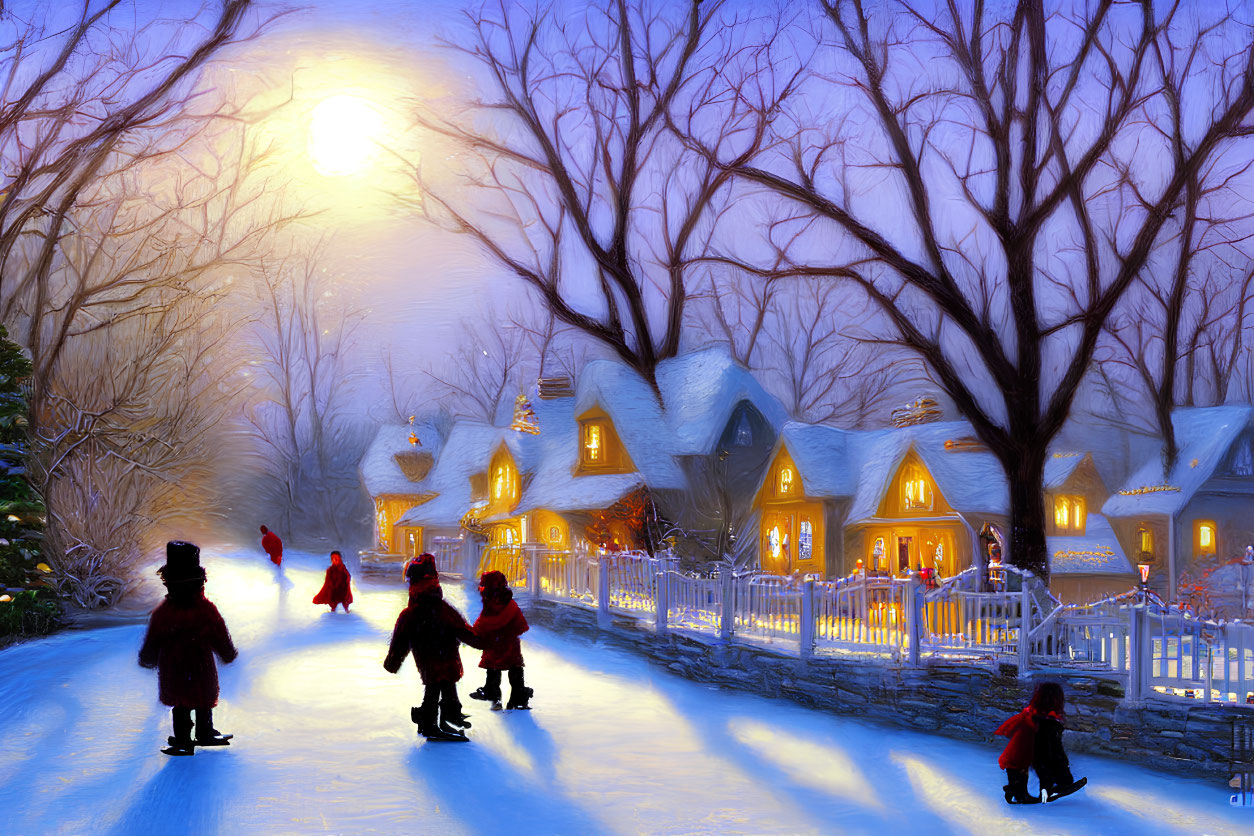 Charming village scene with moonlit cottages and ice skaters