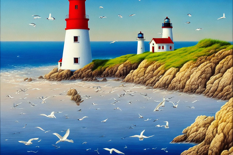 Twin red-and-white lighthouses on cliffs with flying seagulls in serene ocean view