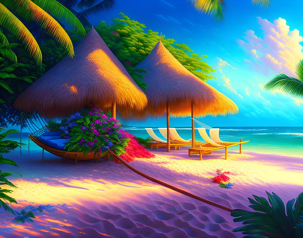 Tropical beach scene with thatched huts, hammock, flowers, and ocean at dusk