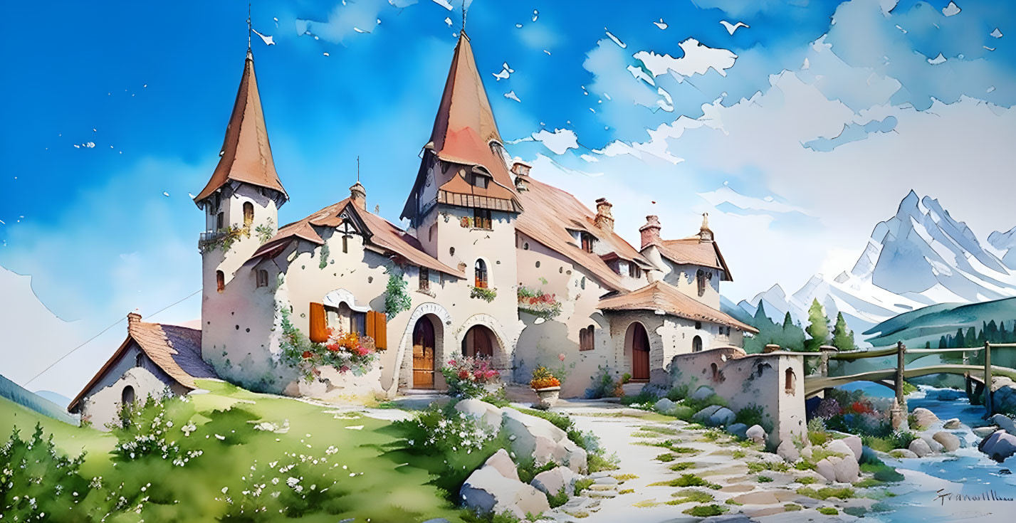 Enchanting castle illustration in pastoral setting with mountains