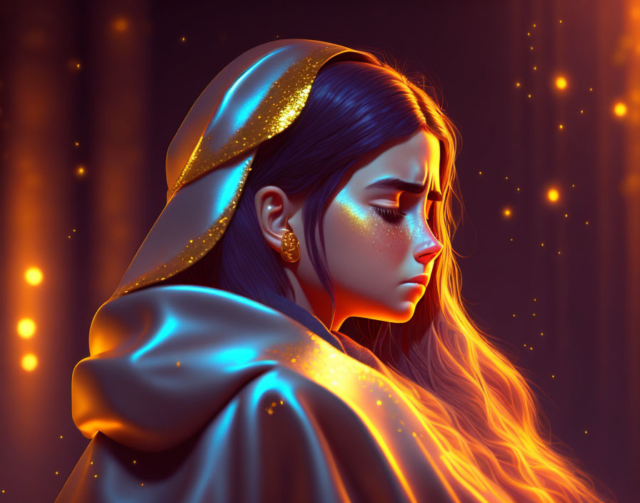 Pensive woman in golden hood with glowing skin and sparkles, against shimmering lights