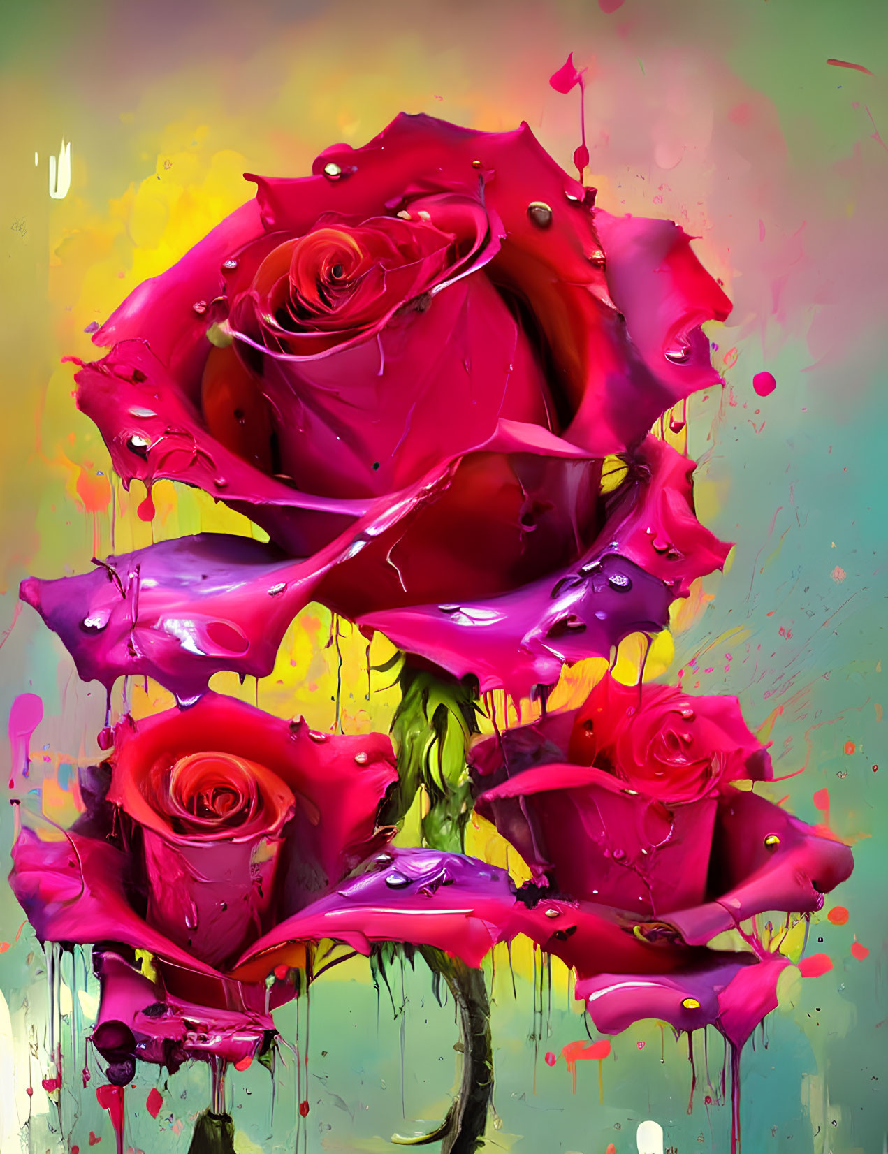 Colorful Abstract Digital Art: Three Red Roses with Dripping Paint