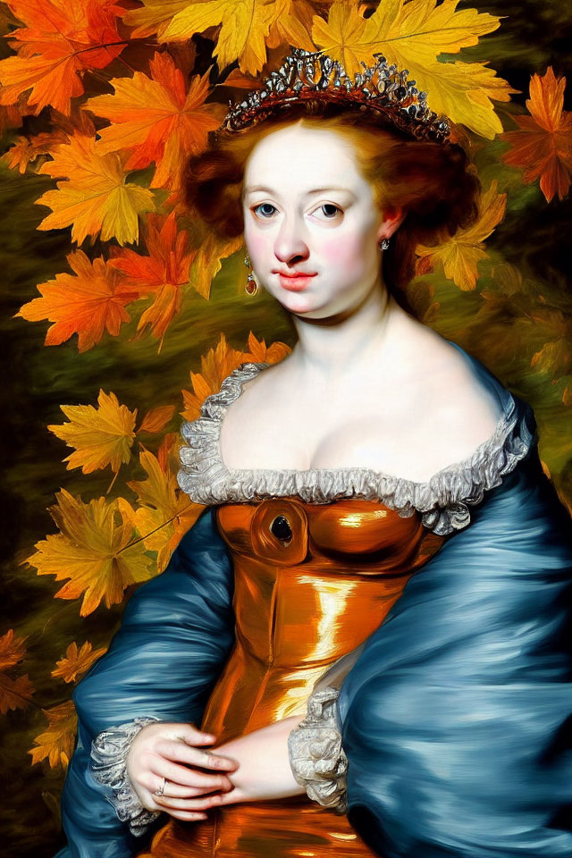 Classical portrait of lady in blue satin gown with tiara against autumnal leaf backdrop