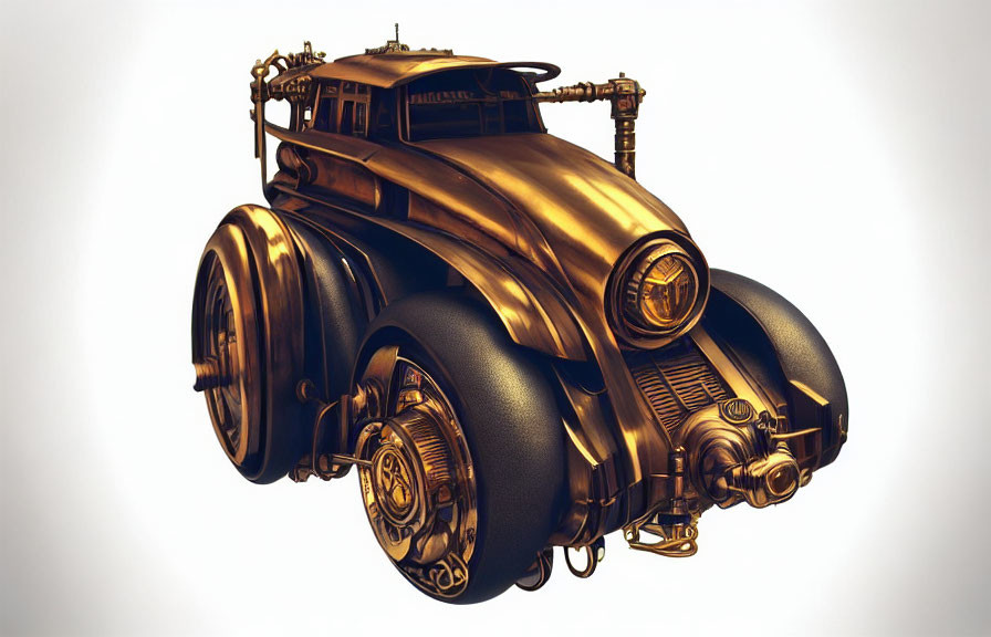 Steampunk-inspired retro-futuristic vehicle with brass pipes and metallic finish